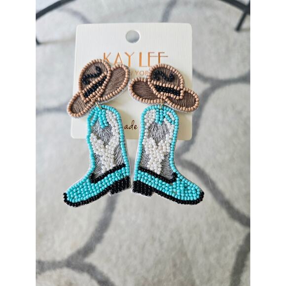 Kay Lee Beaded Cowboy Hat Boots Earrings New - Picture 3 of 3